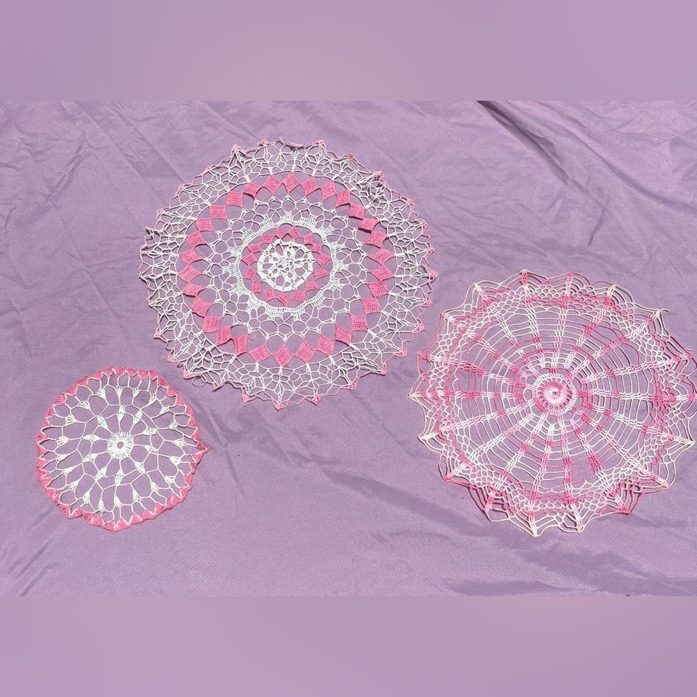 Vintage Hand Crocheted Pink White Doilies Set of 3